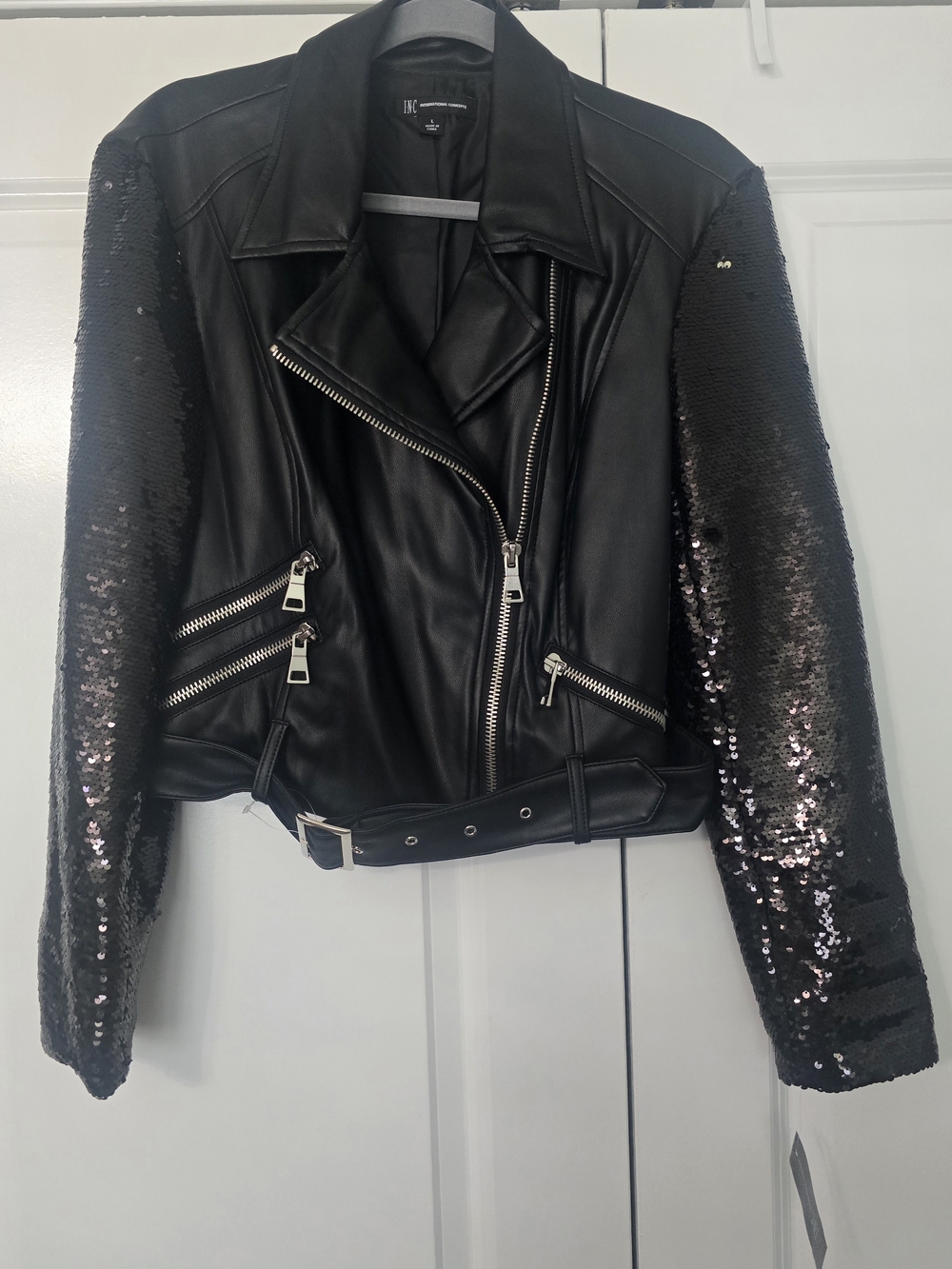 INC International Concepts Black Faux Leather Biker Jacket with Sequin Sleeves